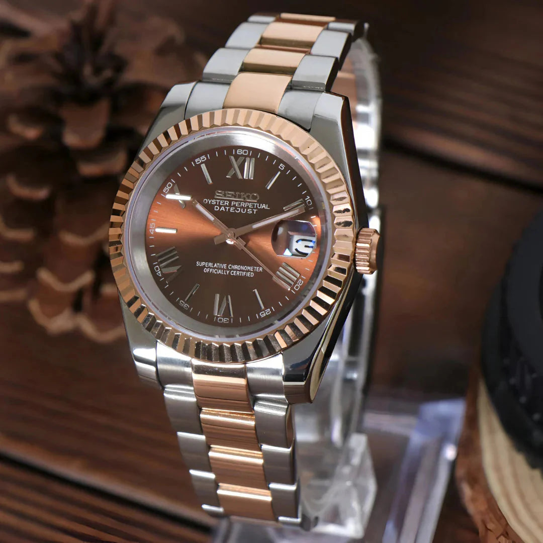 Seiko Mod Datejust "Two-Tone Rose Gold Chocolate Roman"